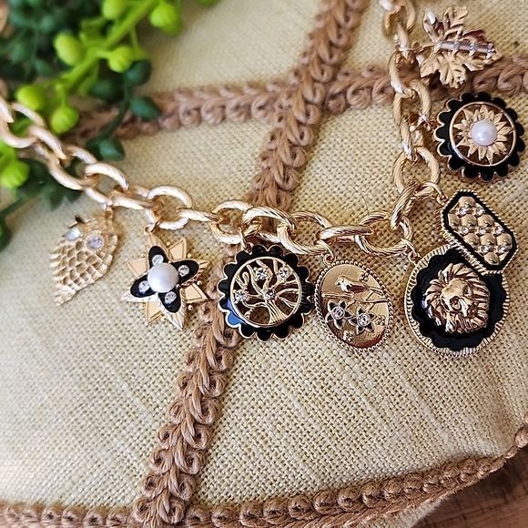 Gold-Tone Crystal & Imitation Pearl Nature-Theme Charm Necklace, 17" + 2" extend - Picture 5 of 6